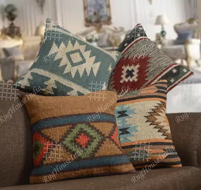 £60 • Buy 4 Jute Kilim Pillow Covers Cushion Cases, Turkish Moroccan Decorative Throw SALE