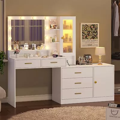Large Vanity Desk Table Set Makeup Table Dresser With 5 Drawers Storage Shelves • $249.99