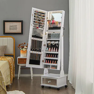 Standing Jewelry Armoire W/Vanity Mirror Lockable Organizer LED Lights White • $149.95