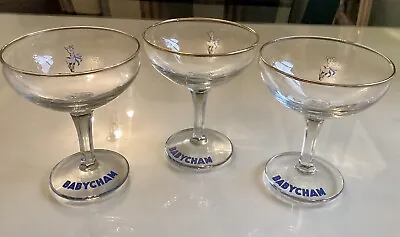 Three Rare Early Babycham Glasses White Deer Blue Bow Logo Faceted Stem Lot 3 • £27