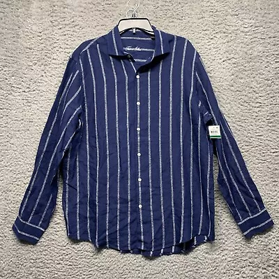 Tasso Elba Shirt Mens L Large 16 16.5 Blue Stripe Linen Button Up Long Sleeve • $14.99