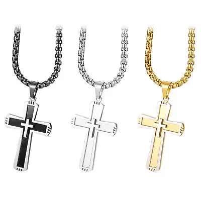 Men Women Stainless Steel Cross Prayer Pendant Chain Necklace Religious Gift • $10.99