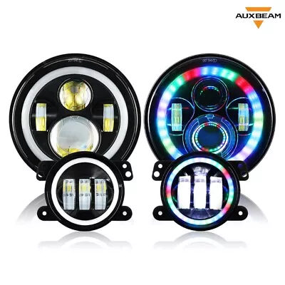 AUXBEAM 7'' RGB Muti-Color LED Headlights Fog Lights For Jeep Wrangler JK 07-17 • $178.99