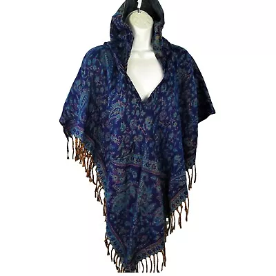 Poncho|Fringe|Hood & Pocket|Bohemian|Boho|Handmade|Yak Wool Blend|Paisley|1 Size • $27.30