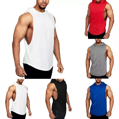 Men's Gym Bodybuilding Hoodie Vest Tank Top Muscle Sleeveless T Shirt Workout • £10.78