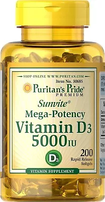 VITAMIN D3 Mega Potency PURITANS PRIDE 5000 IU Immune Supplement 200 Softgels • $8.04