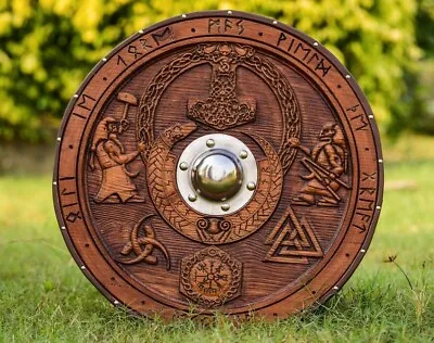 Custom Medieval Viking Shield Mjolnir Carved Shield Wall Art Decorative Gift • £126.18