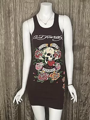 Ed Hardy Rare Vintage Love Dies Hard Tank Top Dress Brown Floral Skull One Size • $55