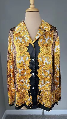 Vintage Gantos Luxury Leopard Gold Swirl Print Satin Button Blouse Top L • $49.99