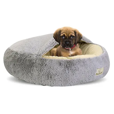 Fluffy Dog Bed Cave Pet Cat Rabbit Round Hooded 50cm 60cm 70cm Soft Warm Calming • £29.68