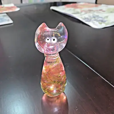 Vintage Murano Style Art Glass Cat Yellow/Pink Transparent W/Bubbles Inside Mint • $29