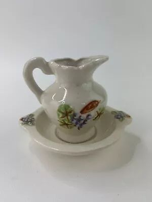 Vintage Small Water Pitcher 4  And 5  Basin Bowl Wash Set Beige Grape Motif  • $9.99