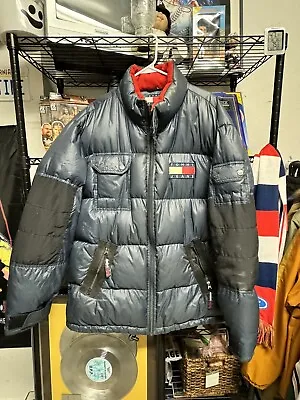 Vintage 1990s TOMMY HILFIGER Jeans PUFFER Goose Down Large Jacket Coat Large • $55