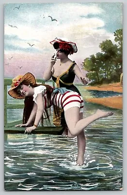 Bathing Beauties Beach Risque Smoking Striped Swimming Suits Vtg 1910s Postcard • $24.95