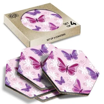 £9.99 • Buy 4 X Hexagon Coasters - Purple Pink Butterfly​s Butterfly #13090