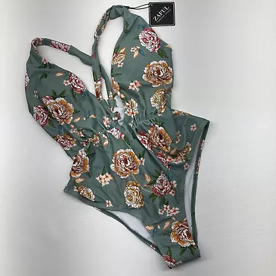 Zaful Womens Swimsuit Size 6 Green Floral One Piece NWT Plunge Neckline • $12