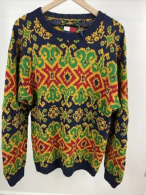 Vtg 90s Tommy Hilfiger Hand Knit Cotton Sweater Crazy Print Multicolor Mens XL • $100