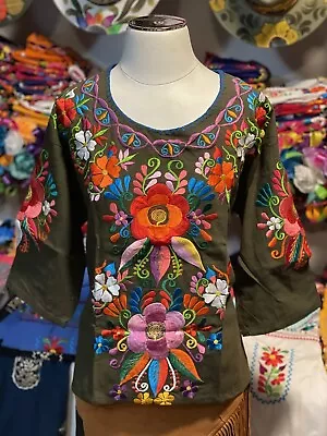 Mexican 3/4 Sleeve Blouse Hand Embroidered Assorted Colors Vintage Style Tunic • $36.99