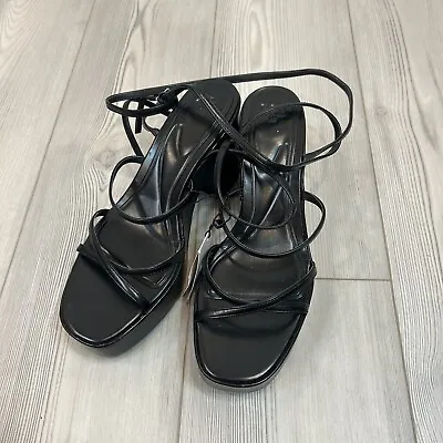 $29.99 • Buy Zara Black Lace Up Platform Chunky Heeled Sandals Size 10 Strappy 3311 /010 /040