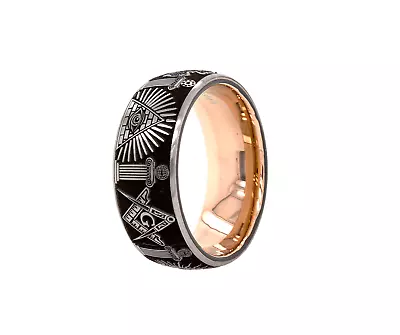 9mm Custom Made Tungsten Ring With Rose Gold Plated Interior And Masonic Symbols • $320