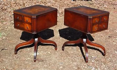 Vintage Pair Weiman Federal Regency Mahogany Leather Top End Tables Nightstands • $1165.50