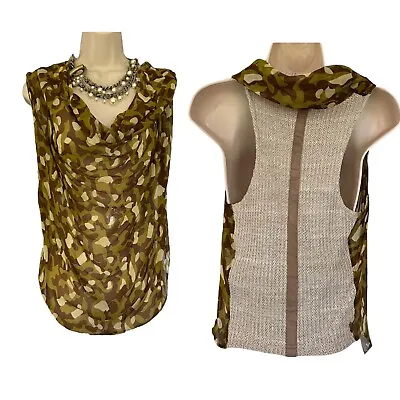 Maggie Ward Camo Silk Linen Sleeveless Draped Front Blouse Top Size Small • $16