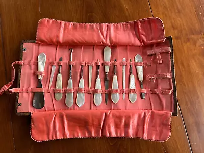 Vintage 12 Pc Grooming Manicure Kit Mother Of Pearl Handles+ Leather Travel Roll • $35