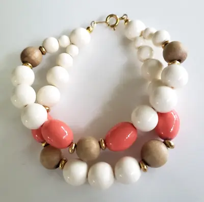 Vtg Cream Lucite Wood Orange Reson Enamel Bead 2 Strand Bracelet 7.75  Gold Tone • $6.80