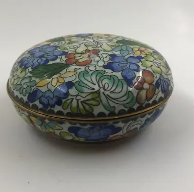 Vintage Cloisonne Round Trinket Box With Lid Florals 4 Inch Diameter • $20