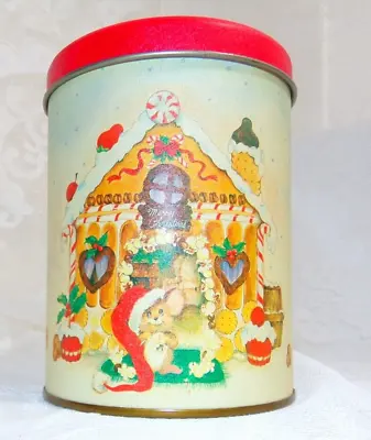 Vintage 1980s Christmas Tin GINGERBREAD HOUSE MOUSE Cylinder Canister • $13.50