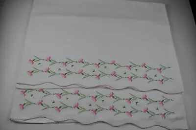 Vintage Hand Embroidered Floral Pair Of Pillowcases Pink Floral Set Of 2 • $24