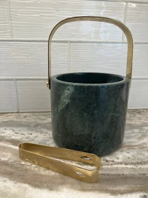$74.90 • Buy Vintage Georges Briard Green Marble Ice Bucket Brass Handle And Tongs