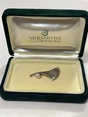 Vintage Mikimoto Ginkgo Leaf Akoya Pearl Brooch Pin Sterling Silver Original Box • $89.95