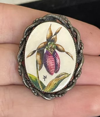 Vintage Designer Hand Painted Wt Orchid Flower Pin Brooch Pendant 1.5” • $22.49