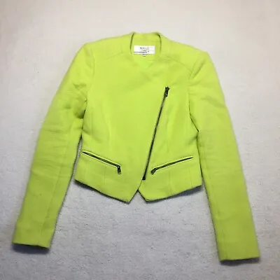Zara Neon Lime Green Asymmetric Zip Tweed Blazer Jacket Two Zip Pockets EUR XS • £16.73