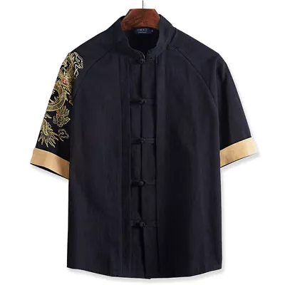 Men Chinese Dragon Cotton Linen Shirts Tops Blouse Ethnic Baggy Frog Button • £14.82