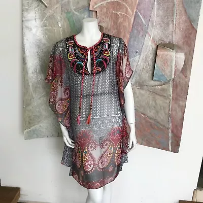 Meghan Los Angeles Boho Beaded Coverup Kaftan Embroidered Caftan Dress R SZ XS • $26