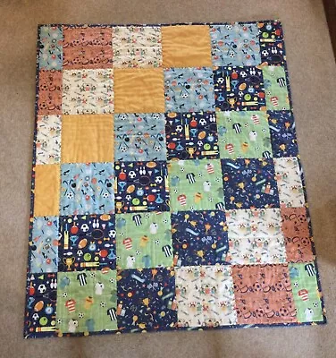 Handmade Patchwork Child’s Quilt - Sports - 37 Ins X 45 Ins. • £27.50