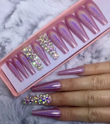 Pink Holo Diamante False Press On XL Ballerina Nails Set • £7.50