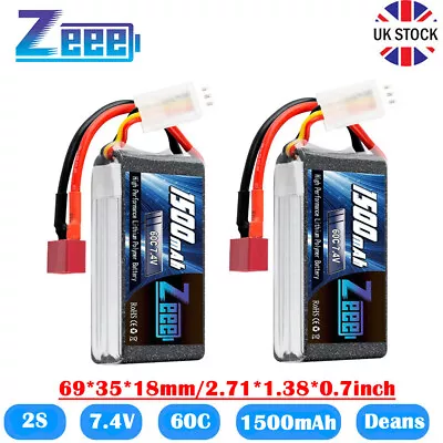 2XZeee 7.4V 2S Lipo Battery Deans 1500mAh 60C For RC Car Truck Truggy Helicopter • £29.99