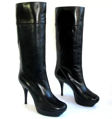 YVES SAINT LAURENT Boots Tribute Heels Leather Navy Blue & Black 38.5 39 • $625.38