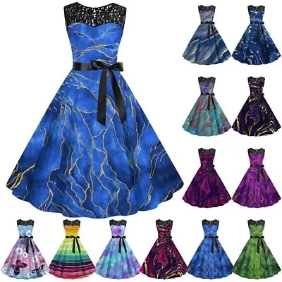 Retro Lace Sleeveless 50s 60s Rockabilly Evening Party Swing Dress Women Ladies • £12.99