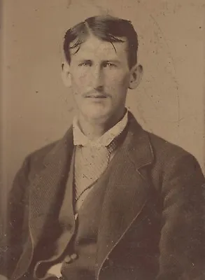 Old Antique Tintype Photo Debonair Young Man W/ Thin Mustache & Spotted Necktie • $5.99