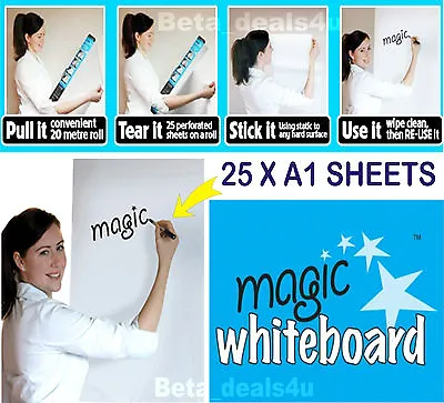 £26.05 • Buy Magic Whiteboard 25 X A1 Sheets Erasable Plain White Roll Self Stick Reusable