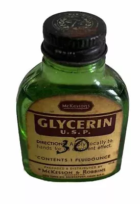 Vintage 1 Oz Mckesson GLYCERINE MEDICINE Green Glass BOTTLE  Made In US~3/4 Full • $14.99