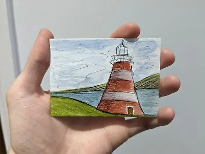 ACEO Original Lighthouse Ocean Watercolour Miniature Painting Trading Card • £10