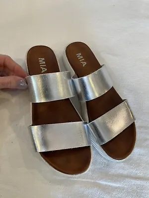 MIA Nelly Silver Metallic Double Strap Slip On Slide Platform Y2K Sandals 8 • $15
