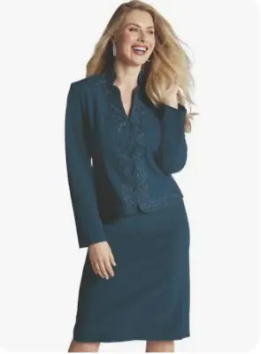 Size 14 16 Midnight Velvet Formal Dress Dark Teal Embroidered Skirt Suit Jada • $25.59