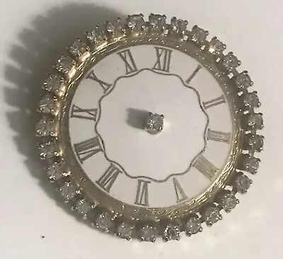 Porcelain Enamel Clock Face W/Glass Rhinestones Estate Vintage Brooch Pin • $24.98