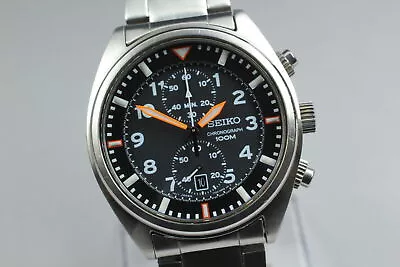 Vintage SEIKO 7T94-0BL0 Chronograph Black Dial Qz Black Mens Watch From Japan • $292.94